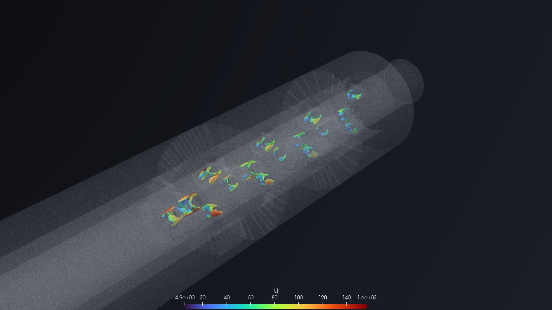 Ray-traced render of the same probe B.1 solution: dilution-jet vortices inside the glass-shaded bore.