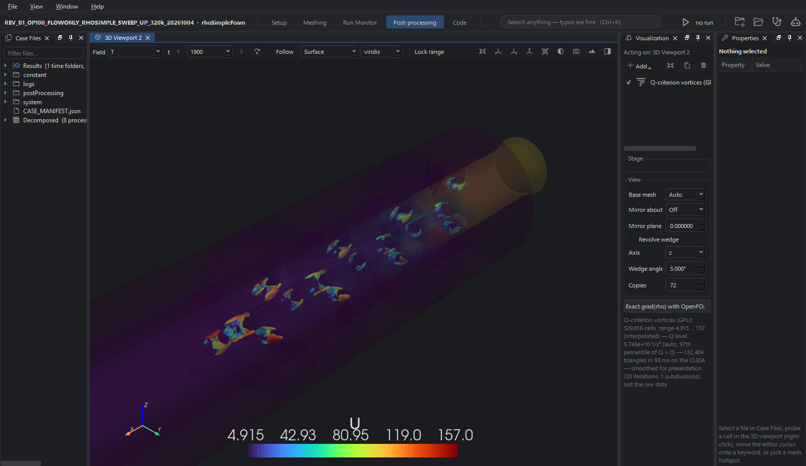 The workbench on a real case: GPU Q-criterion vortices inside the probe B.1 bore, with the case files, visualization stack and properties docked around the viewport