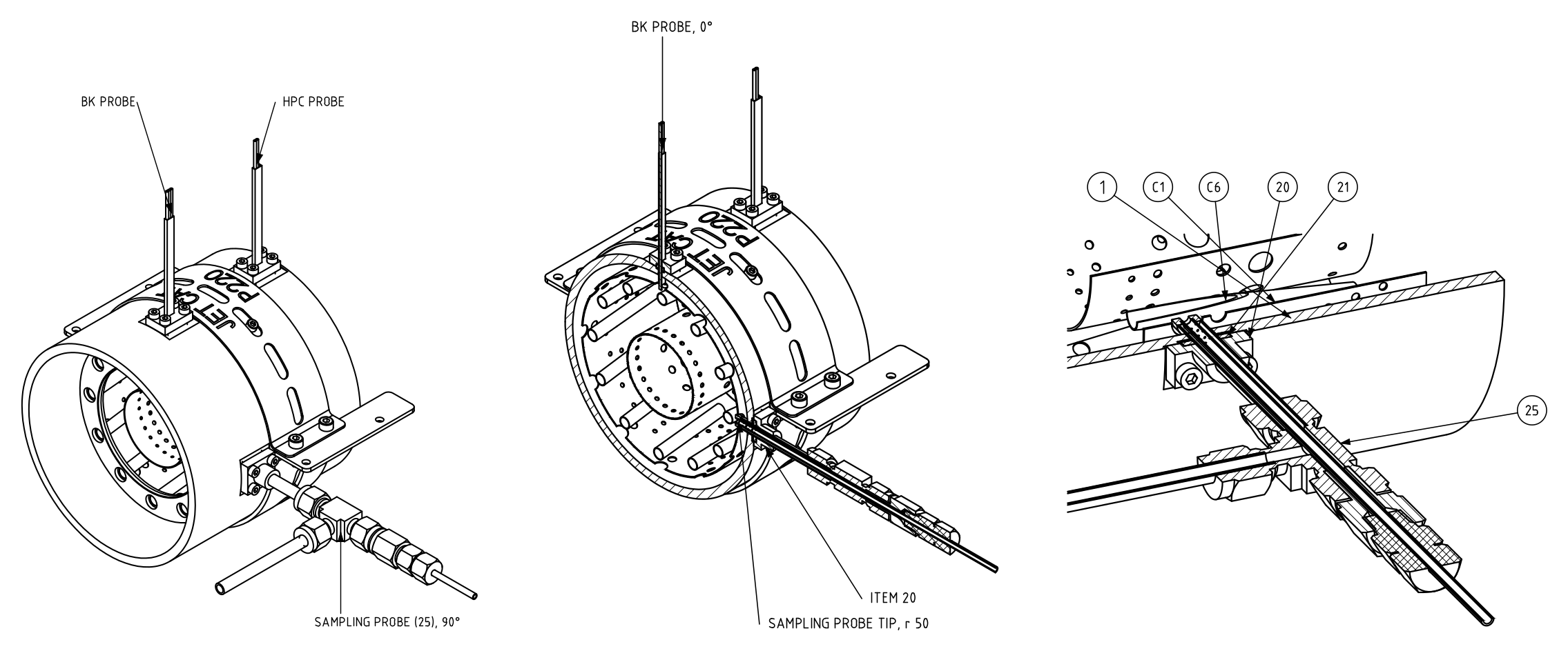 Station 4 installation on the P220-RXi casing (drawing EM-P220-SP-007, hidden-line projections of the CAD assembly): the sampling probe sits 90° from the existing BK probe. Combustor parts are drawn from hand measurements