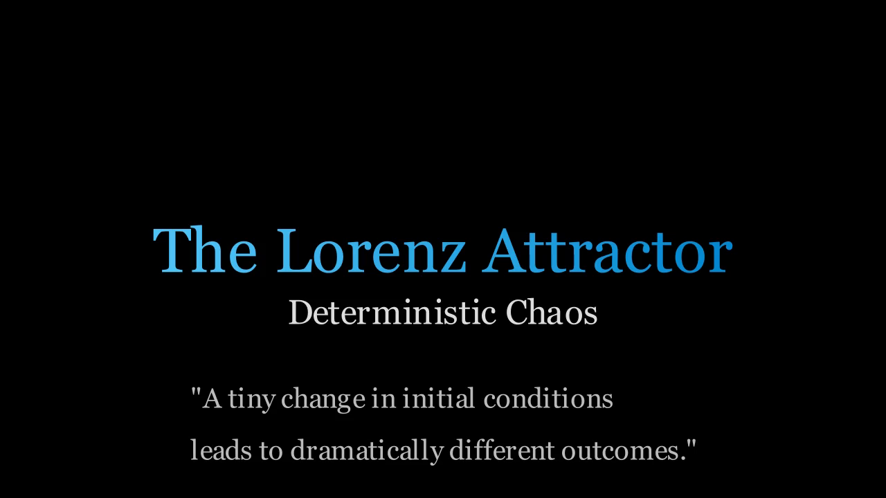 The full Manim animation (73.6 s). It shows the Lorenz equations, then two trajectories that start 10⁻⁵ apart. A rotating camera follows them until they end up on opposite lobes of the attractor.