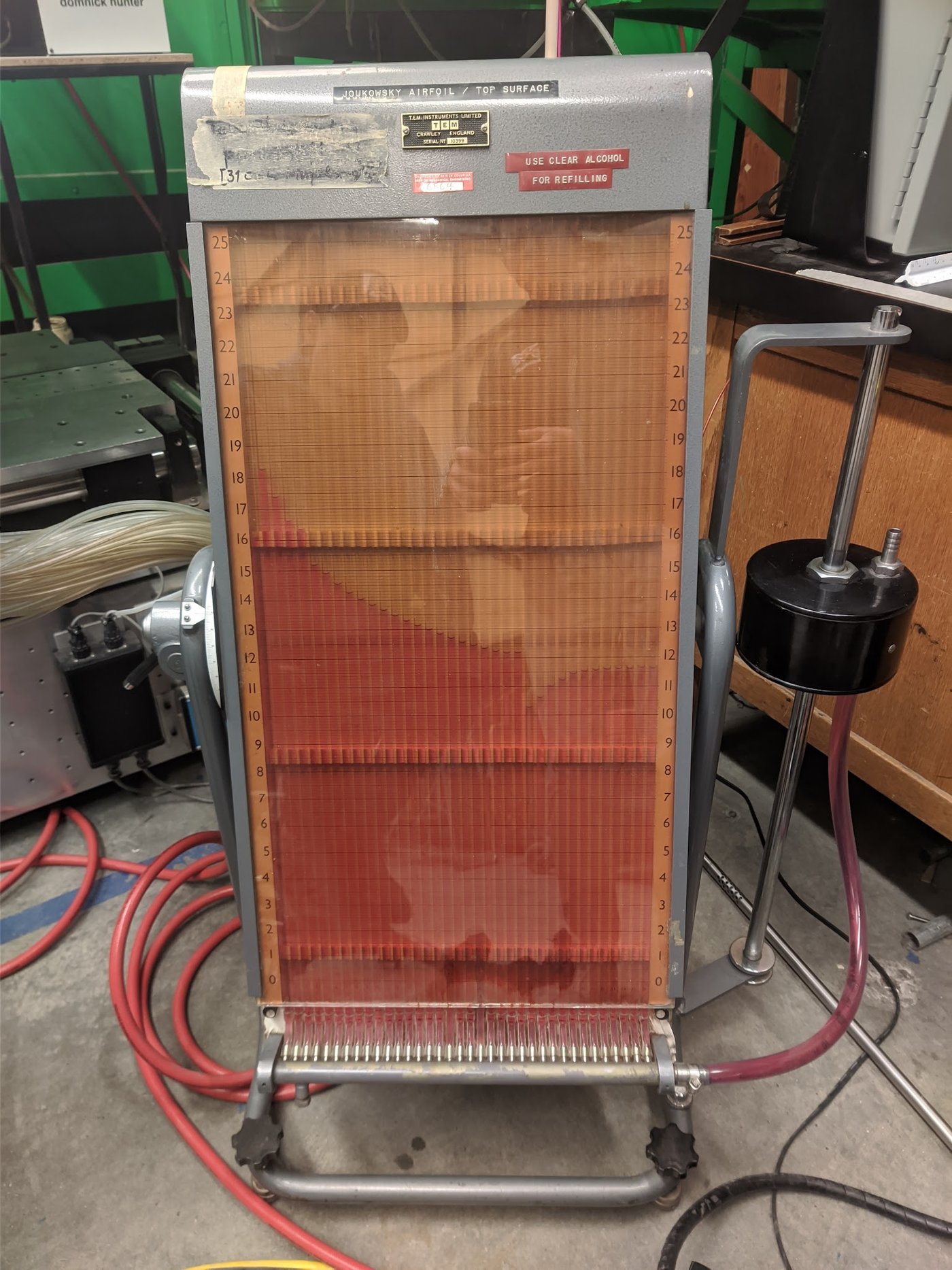 The multitube manometer at α = 8°. Upper-surface taps are on the left of the bank and lower-surface taps on the right (photo: MECH 489 Lab 2 group).
