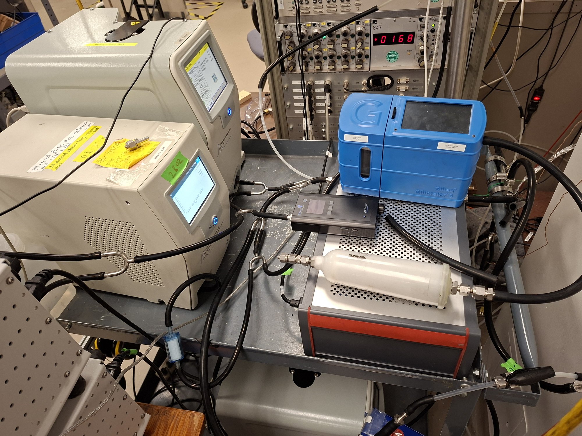 Particle instruments on the diluted line: the catalytic stripper feeds the nano-SMPS, with the aerosol photometer next to it
