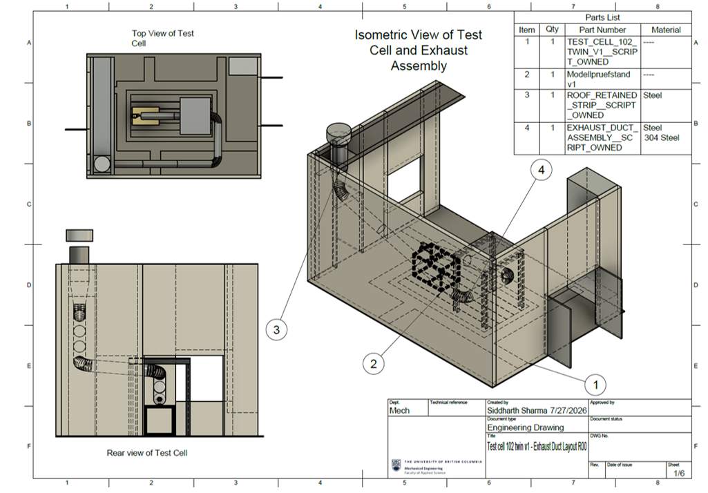 Exhaust-duct layout drawing for the test-cell digital twin (Test cell 102 twin v1, R00, July 2026), with top, rear and isometric views and the parts list.